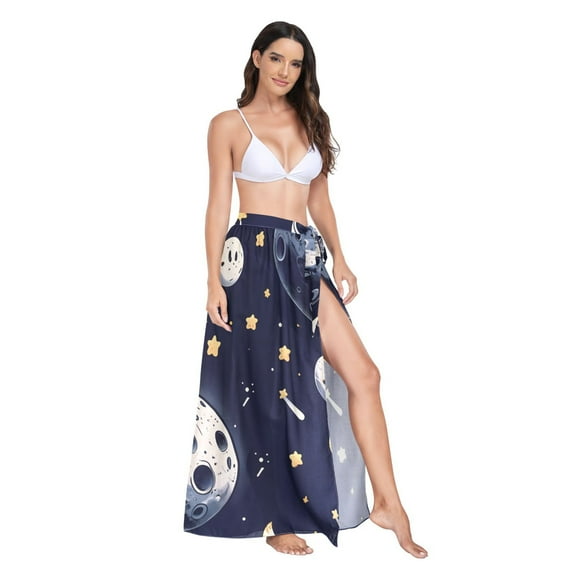 Women's Beach Swimsuit Cover Ups Bathing Suit Coverups Bikini Wrap Dress for Swimwear Cartoon Astronaut on Moon