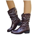 thumbnail image 5 of UngA Women's Mid Calf Boots Round Toe Pull On Biker Boots Stacked Chunky Heeled Riding Boots Women's Comfort Leather Tall Boot for Women Wine,Size 7, 5 of 7