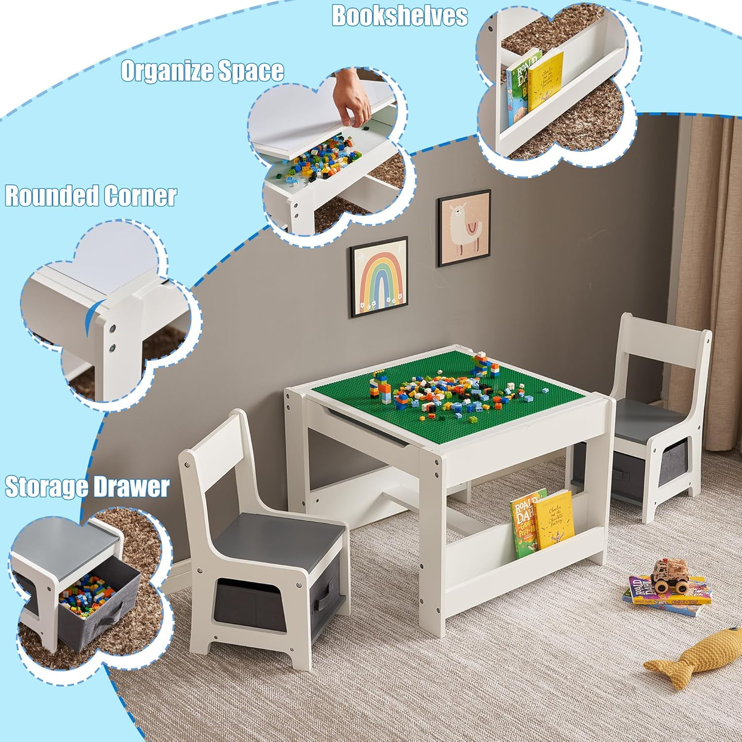 Kids Table and Chair Set, 4 in 1 Wooden Activity Table with Bookshelves and Storage Drawer, 2 in 1 Detachable Tabletop Construction Play Table Set for Toddlers Drawing, Reading
