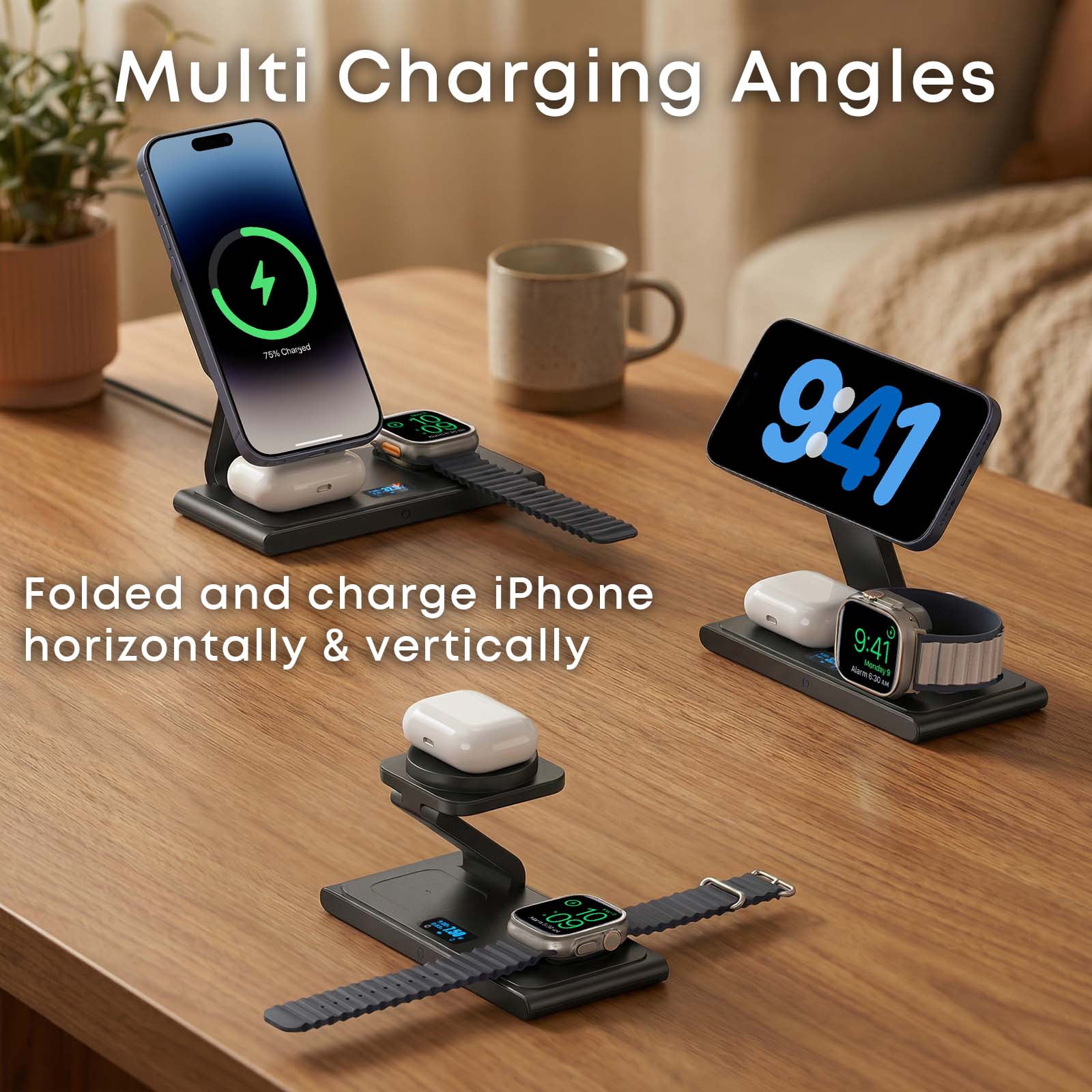 Syncdeck Foldable 3-in-1 Wireless Charging Station Max to 25W with Digital Display & 45W Adapter, Visible Fast Charger for iPhone 15/16/17Pro/Pro Max,15/16 Plus Air,AirPods,Apple Watch