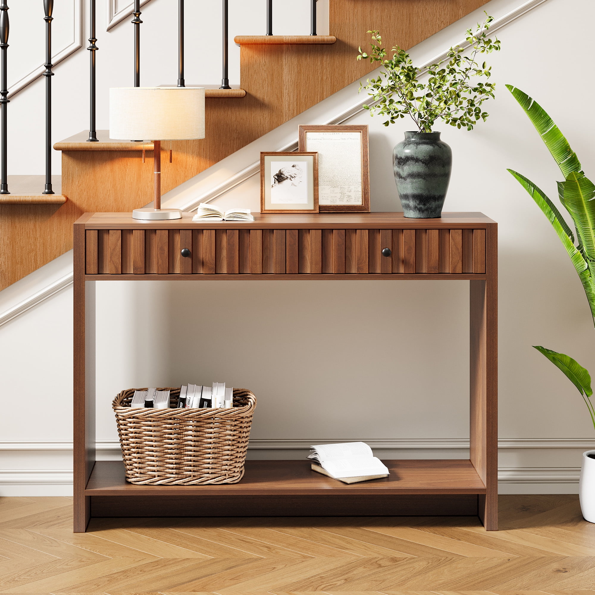 PHOYAL Fluted Console Table with Drawer and Open Storage Shelves, Narrow Sofa Table Entryway Table for Living Room Hallway Bedroom, Walnut