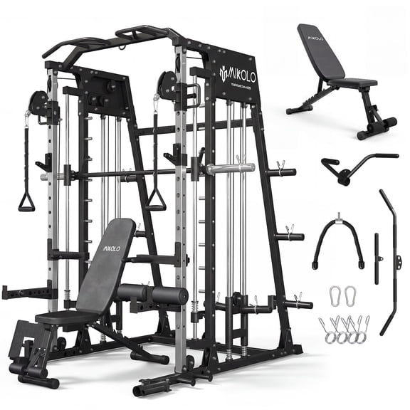 Mikolo M4 Smith Machine Home Gym, 2200 lbs Power Rack Cage with Cable Crossover, Weight Bar, 360° Landmine, Barbell Holders and Other Attachments, Total Body Strength Training Cage