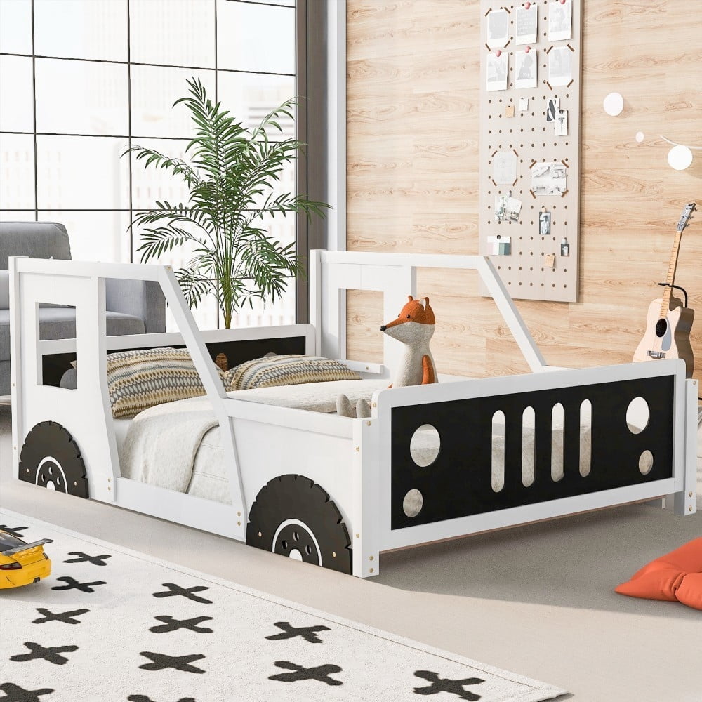 Classic White Full Size Car-Shaped Platform Bed with Wheels and Enduring Quality