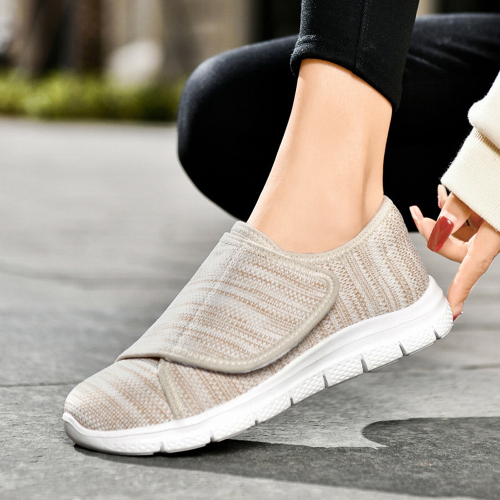 Women's Slip On Canvas Casual Shoes Wide Toe Box Lightweight Sneakers Hook and Loop Non Slip Teenis Shoes Beige Size 9