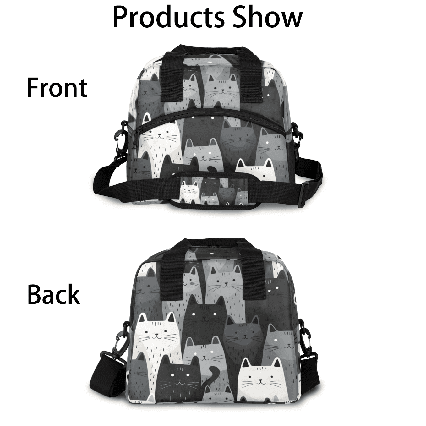 Herdesigns Cat Insulated Lunch Bag for Women Men Adults Large Reusable Lunch Box Gray White Black Cat Leakproof Cooler Tote Bags with Adjustable Shoulder Strap