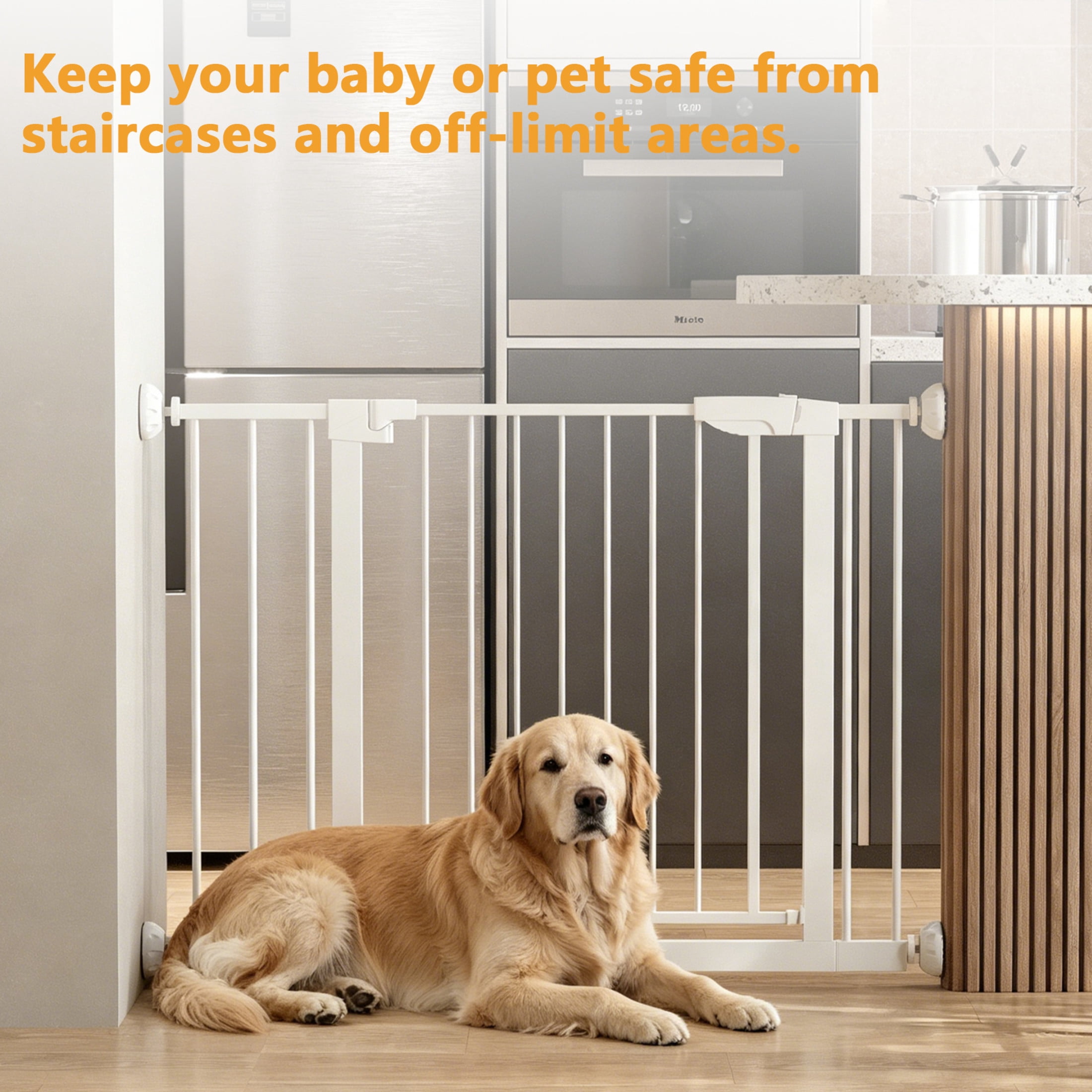 Noble House 45" Wide Pressure-Mounted Baby Gate with Wall Protectors, Steel Safety Gate for Kids, White