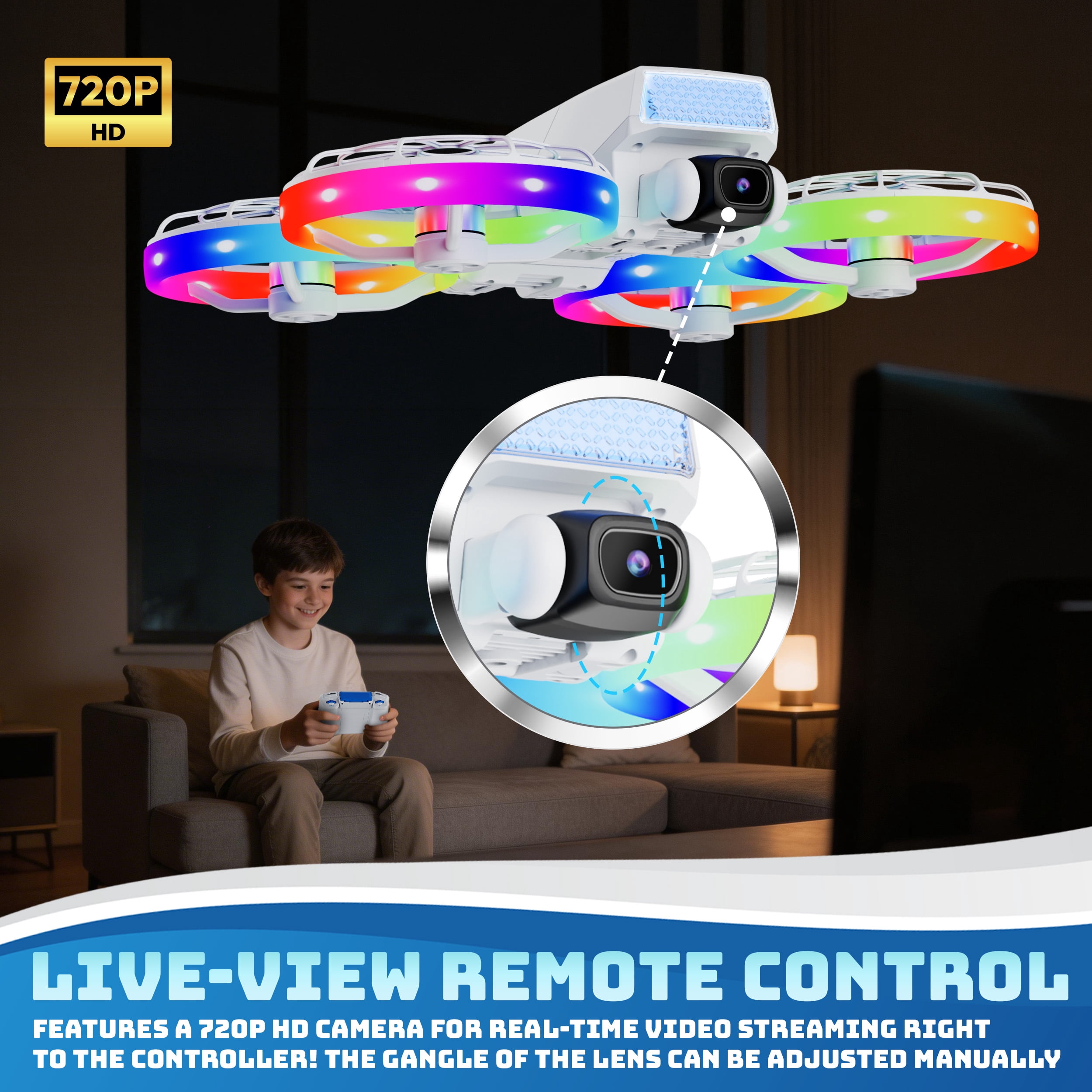 Contixo F27 Halo Mini Foldable Drone with Built-in Display Controller, HD Camera, LED Lights, Optical Flow Hover, One-Key Takeoff/Landing, 360° Stunts for Beginners