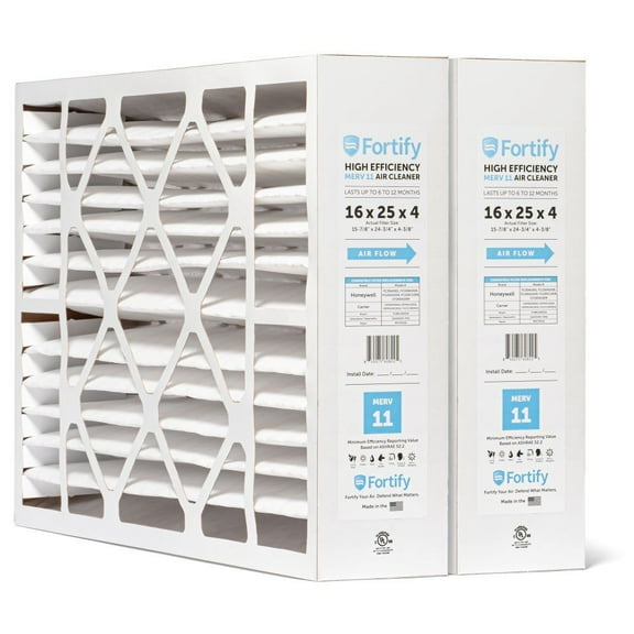 Fortify 16x25x4 MERV 11 Replacement for Honeywell FC100A1029 and Carrier Pleated HVAC AC Furnace Filters. (2-Pack) Actual Size: 15.88 x 24.75 x 4.38