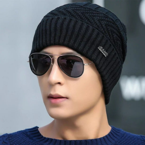 Gorro de invierno para hombre, cálido gorro de punto, moda coreana, gorro de algodón para jóvenes, protección para los oídos a prueba de frío, gorro de lana con forro polar para hombre