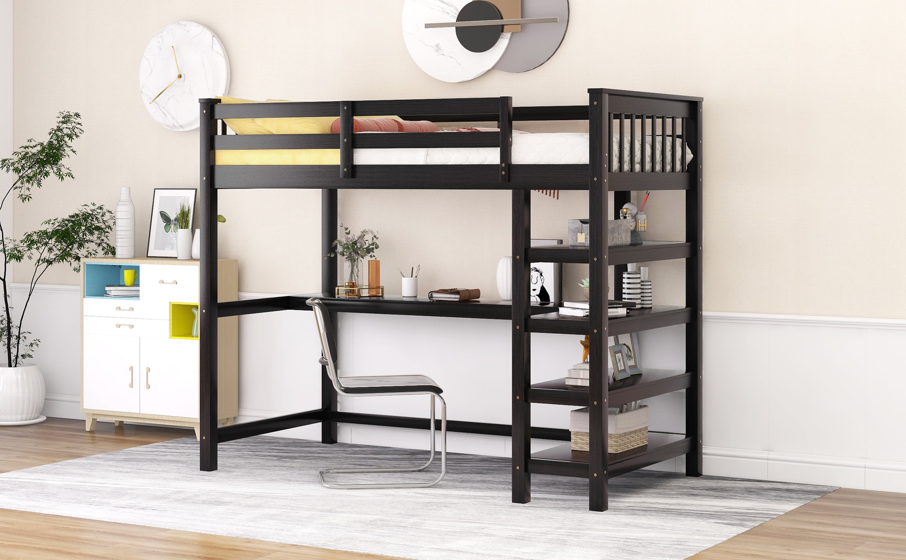 Euroco Wood Twin Loft Bed with Desk for Kids, Espresso