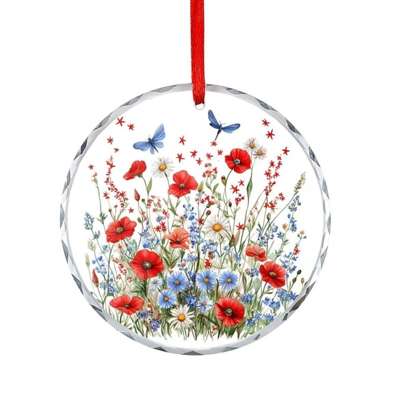 Crystal Glass Ornament 4th of July Flowers Dragonfly Glass Round Ornaments Independence Memorial Day for Home Office Xmas Tree Decor