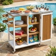 thumbnail image 3 of Harper & Bright Designs Outdoor Kitchen Island with Wheels, Patio Kitchen Cart with Foldable Stainless Steel Top, Portable Prep Station with Storage Cabinet and Towel Rack for Garden, Brown+White, 3 of 18