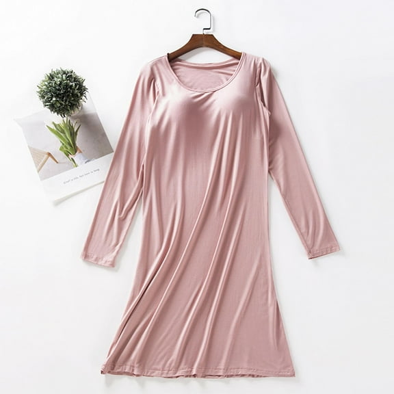 Uootdi Women's Long Sleeve Shirt Nightgowns for Women with Built in Bra Crewneck Modal Gift Maxi Nightdress Solid Loose Sleepwea r Soft