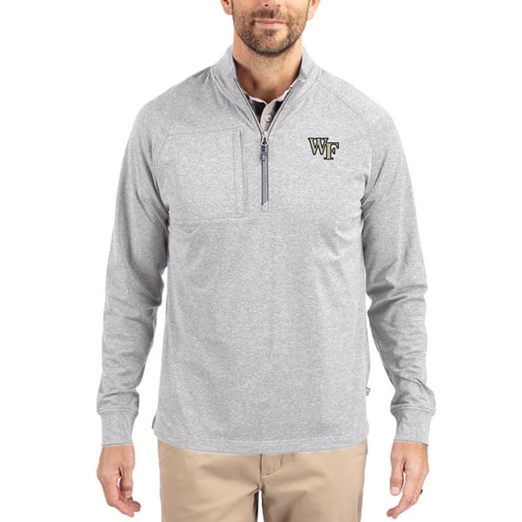 Women's-Cutter & Buck Heather Gray Wake Forest Demon Deacons Adapt Eco Knit Stretch Recycled DryTec Raglan Quarter-Zip