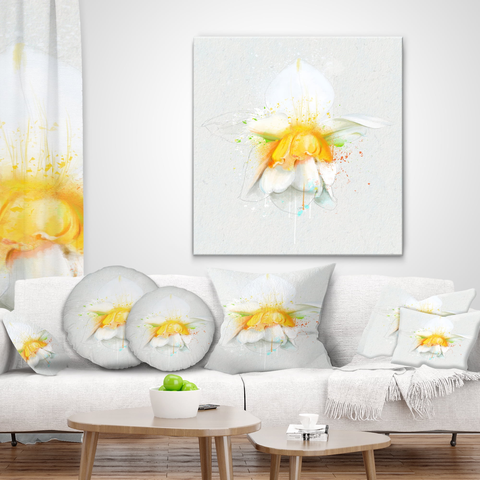 Designart White Narcissus Flower Watercolor - Floral Throw Pillow - 16x16