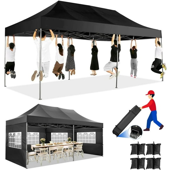SANOPY 10x20 Pop up Canopy with 6 sidewalls Commercial Heavy Duty Canopy UPF 50 All Weather Waterproof Outdoor Wedding Party Tents Gazebo with Roller Bag, Black
