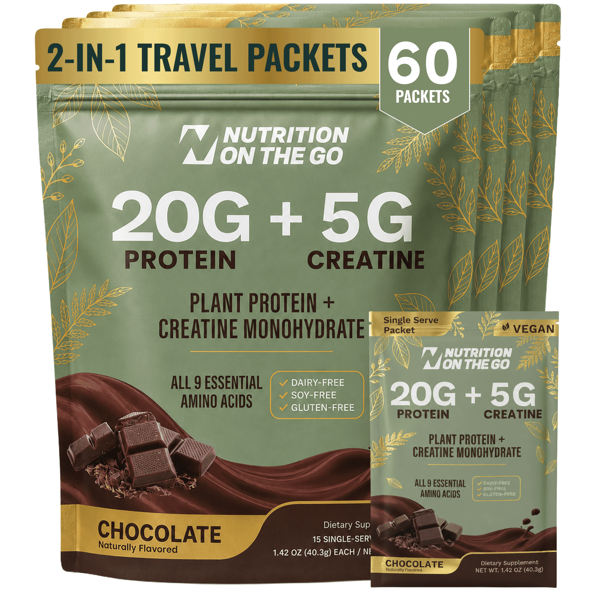 Nutrition On The Go Vegan Protein + Creatine Travel Packets, Chocolate, 60 Count