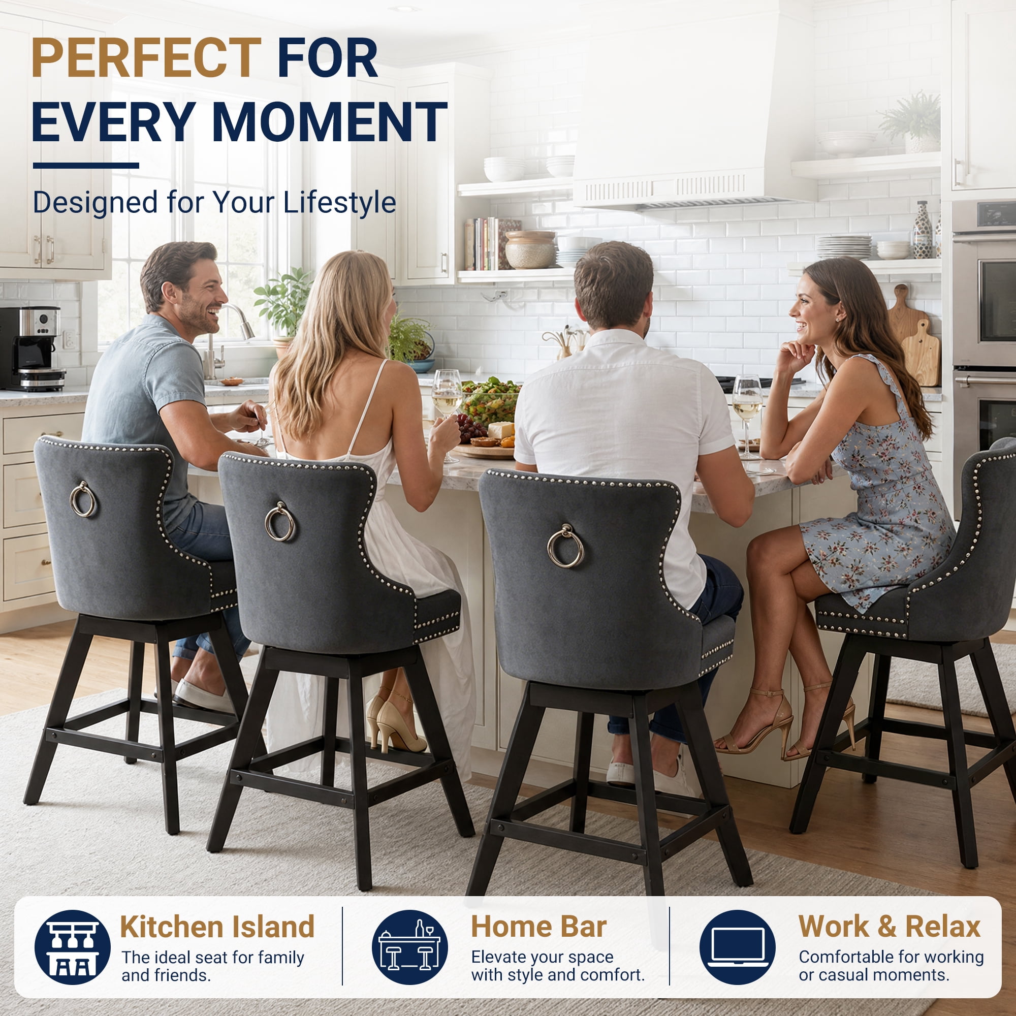 Swivel Bar Stools Set of 4, 26" Counter Height Bar Stools with Back, Farmhouse Velvet Barstools for 34–38" Kitchen Island, Black (Set of 4)