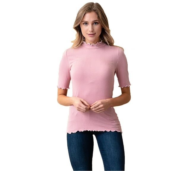 Ribbed Top w Wavy Contrast Trim - Pink - S to XL