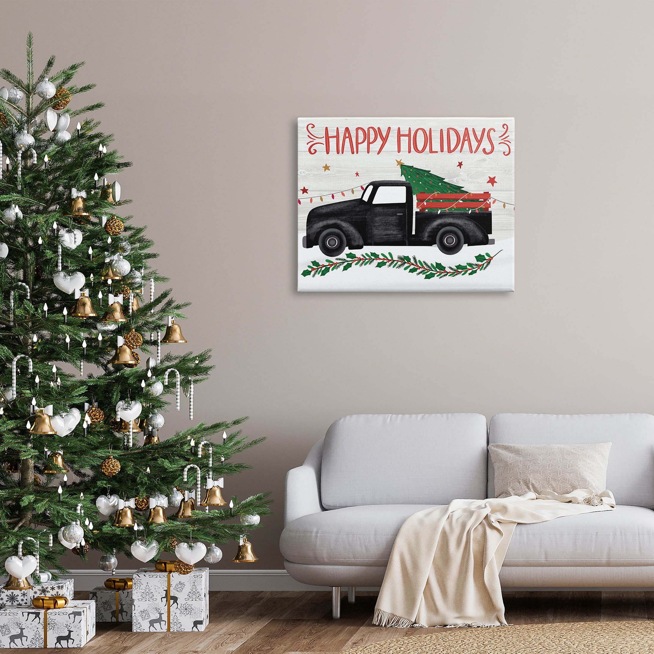 Happy Holidays Christmas Tree Truck Holiday Graphic Art Gallery Wrapped Canvas Print Wall Art