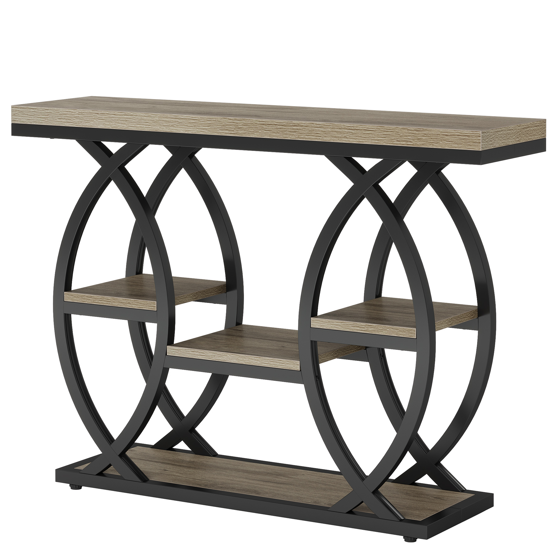 Fnova 39.4" Industrial Console Table, 4-Tier Retro Staggered Storage Shelves, Narrow Wood Accent Table with Metal Frame, for Small Spaces, Entryway, Sofa, Hallway
