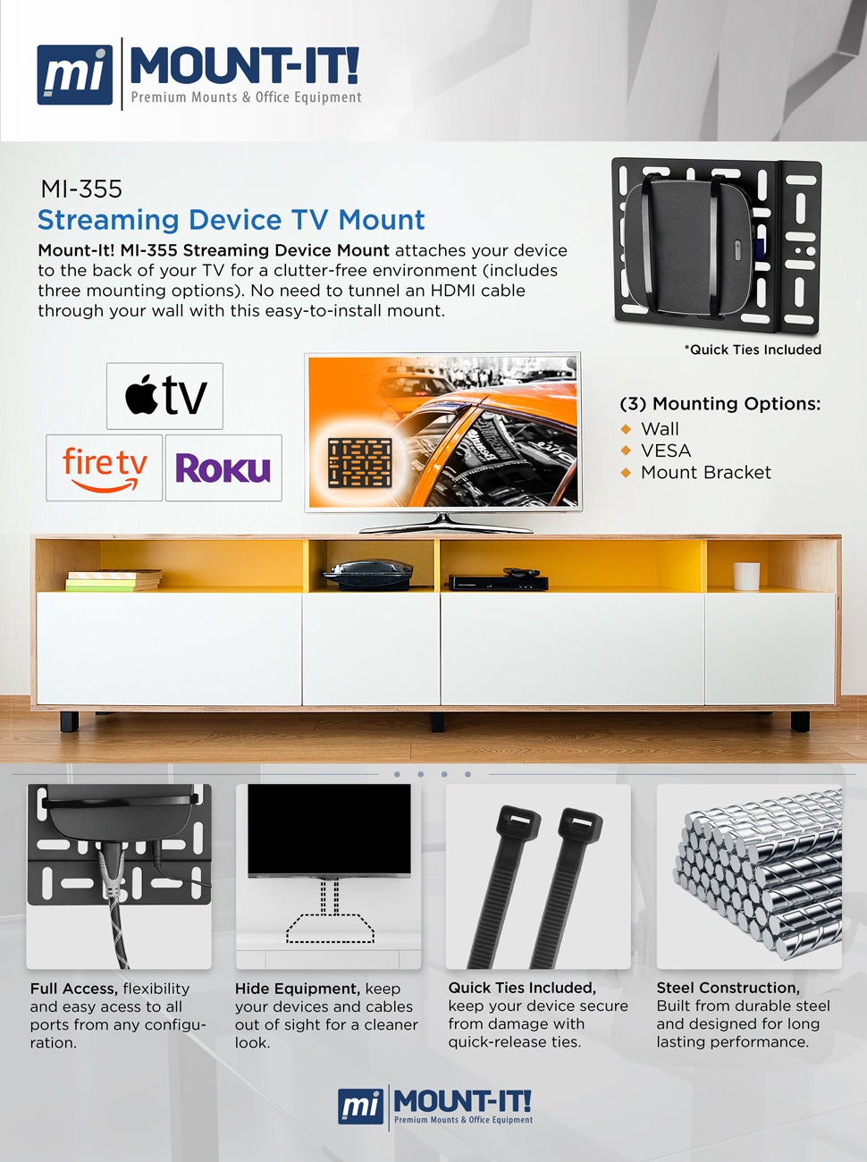 Mount-It! Streaming Device Mount Attachment | Works with Roku Fire Apple - image 3 of 10