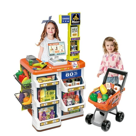 Supermarket Playset for Kids, Cash Register & Play Food 60 Pieces Grocery Store Toy  3 Valessati