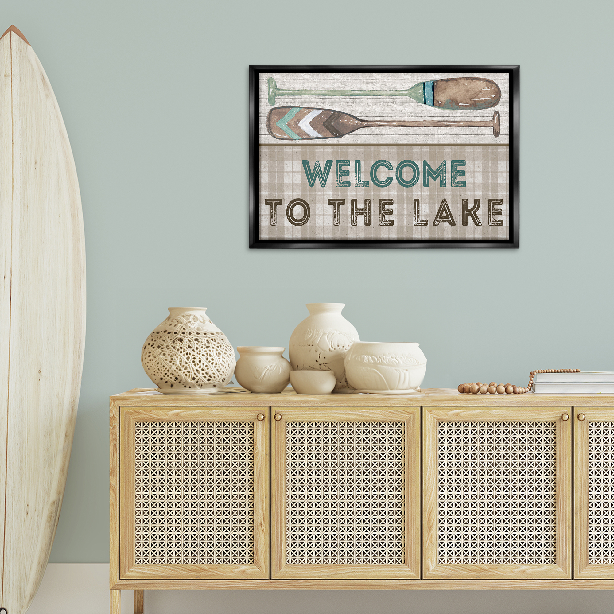 Stupell Industries Rustic Welcome Lake Oars Typography Painting Black Floater Framed Canvas Art Print Wall Art, 31 x 21
