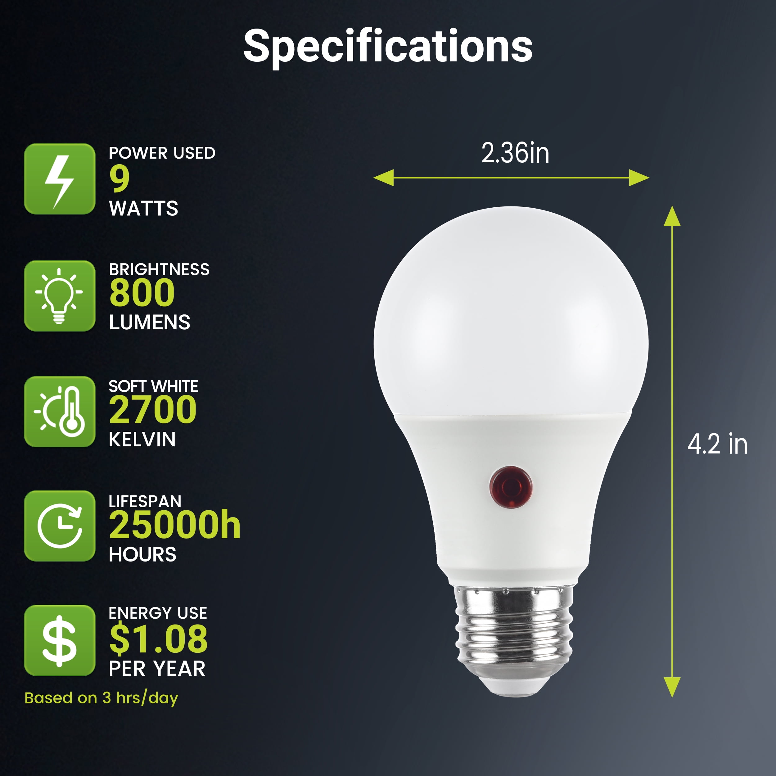 GREEN WATT Dusk to Dawn Light Sensor A19 LED General Purpose Light Bulb, 9 Watts (60W Equivalent), E26 Medium Base, Soft white, 50-Pack