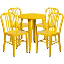 Flash Furniture Thomas Commercial Grade 24" Round Yellow Metal Indoor-Outdoor Table Set with 4 Vertical Slat Back Chairs