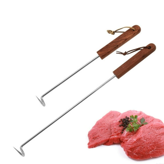 Trianu Food Flipper Turner Hooks Set of 2, Stainless Steel BBQ Meat Hooks with Wooden Handle Cooking Barbecue Turners Hooks Grill Accessories for Grilling & Smoking (17.5 in 12.5 in)