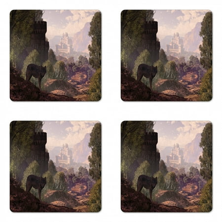 

Woodland Coaster Set of 4 Wolf Coming out of the Woods Gothic Castle Lake Boat off in Distance Square Hardboard Gloss Coasters Standard Size Brown Army Green Rose by Ambesonne