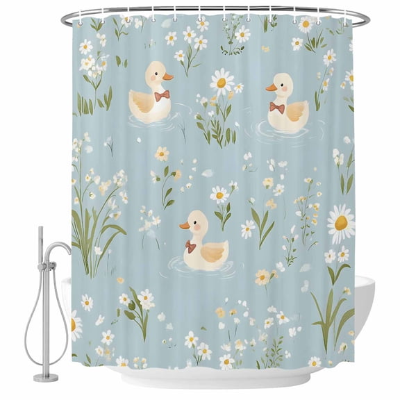 Cartoon Duck Flowers Fabric Shower Curtain Watercolor Green Washable Shower Curtains for Bathroom, Waterproof Bath Curtain with Hooks Home Decor 36x72in