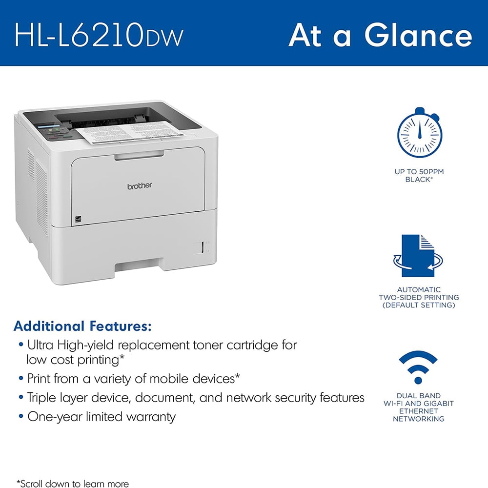 Brother HLL6210DW Monochrome Laser Printer Business with Large Paper Capacity, 50 PPM Duplex Printing, Ethernet and Mobile Printing with 6ft USB Printer Cable and Print Like a Pro Guide Bundle