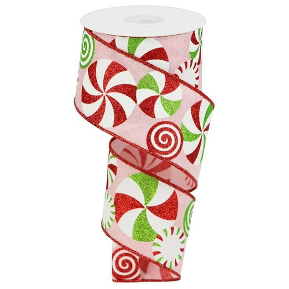 Peppermints on Canvas Wired Edge Ribbon - 10 Yards (Pale Pink, White, Lime, Red, 2.5 Inch)