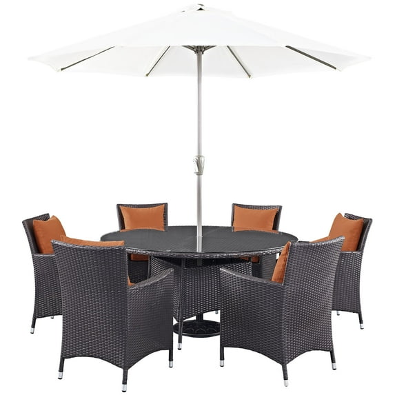 Modern Contemporary Urban Design Outdoor Patio Balcony Eight PCS Dining Chairs and Table Set, Orange, Rattan