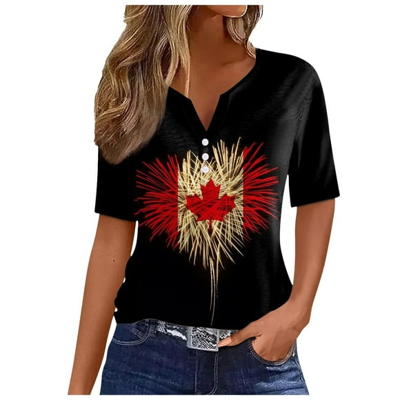 WEIYLL Tshirts Shirts for Women V Neck Canada Day Maple Leaf Print Graphic Summer Red Tops Sizes L