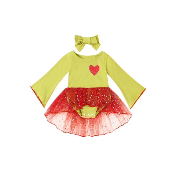 Bagilaanoe Newborn Baby Girl Rompers Dress Heart Print Long Sleeve Bodysuit Headband 3M 6M 12M 18M 24M Infant Christmas Mesh Patchwork A-line Dresses