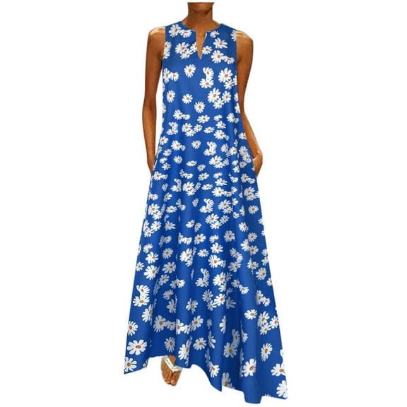 Viikei Sleeveless Dress Summer Dresses for Women Plus Size Dresses Plus Size Print Daily Casual Sleeveless Vintage Bohemian V-Neck Maxi Dress