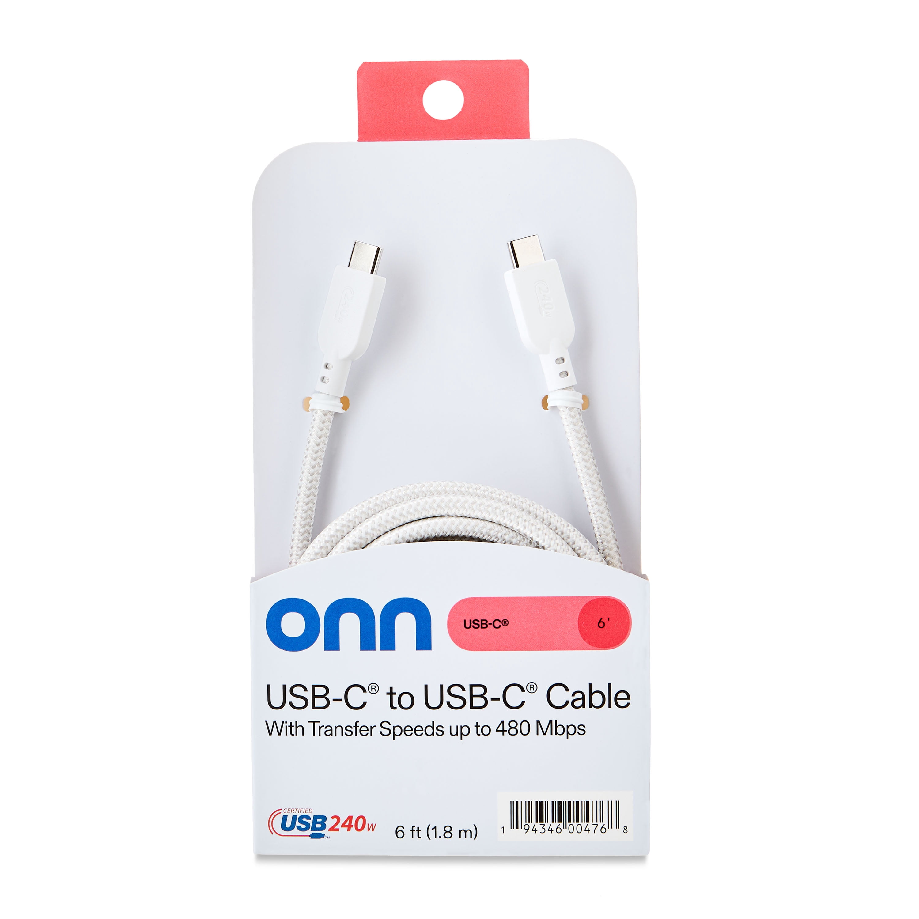 onn 6' USB-C to USB-C Cable White, Fast Charging and Data Transfer for Laptops