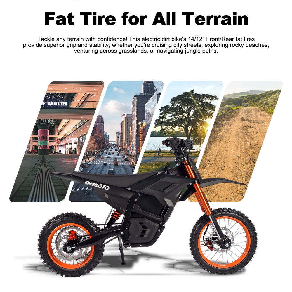 CEMOTO D02 Electric Dirt Bike for Adults, 48V/21A 3000W Motor, 40 mph Max, 25–34 Miles Range, 14”/12” Knobby Tires, 85% Pre-Assembled, Off-Road Trail eBike,UL2849,Orange