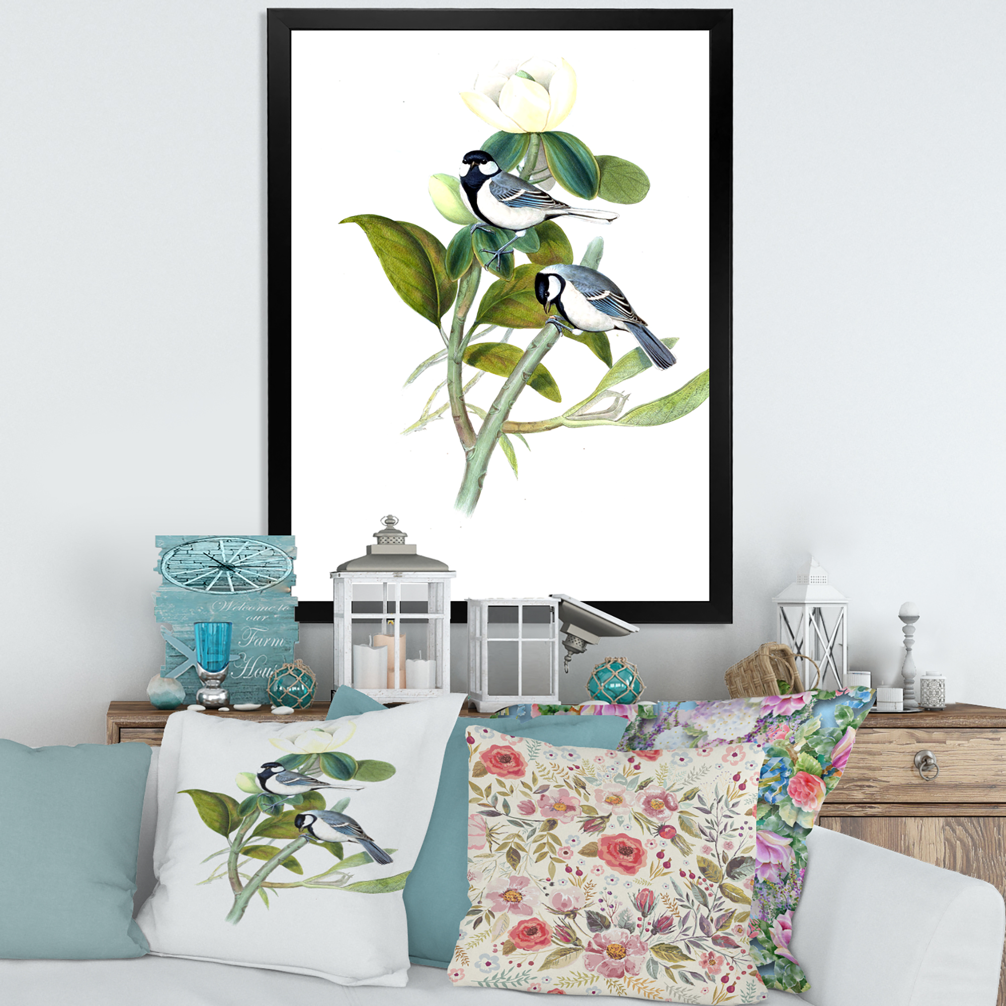 Designart 'Vintage Countryside Birds On Branch I' Farmhouse Framed Art Print