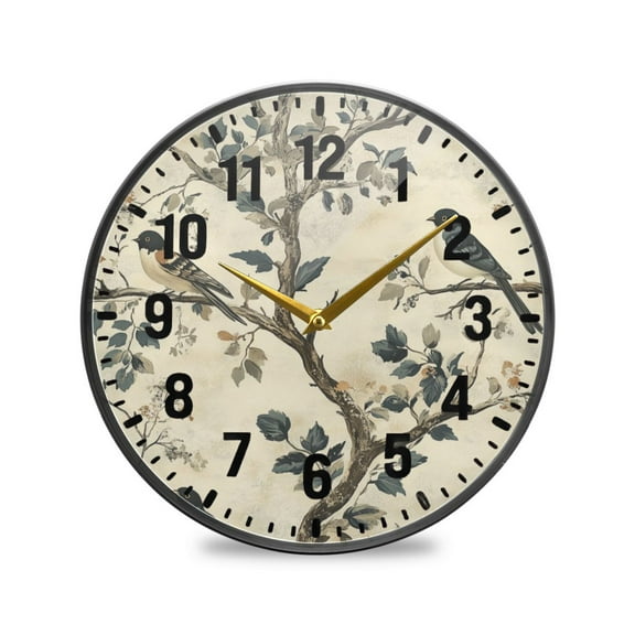 Yayeee Wall Clock Battery Operated 9.5" Silent Quartz Non-Ticking for Living Room Decor, Beige Birds