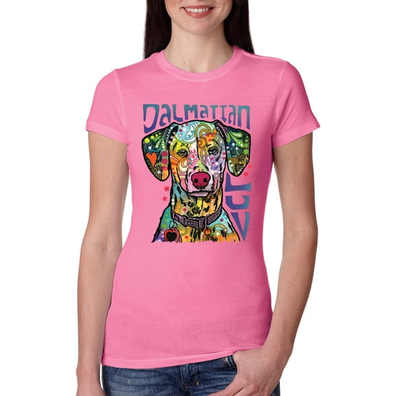 Neon Dalmatian Luv | Dog Owner Lover Gift | Dean Russo Art Animal Lover Womens Slim Fit Junior Tee, Hot Pink, Large