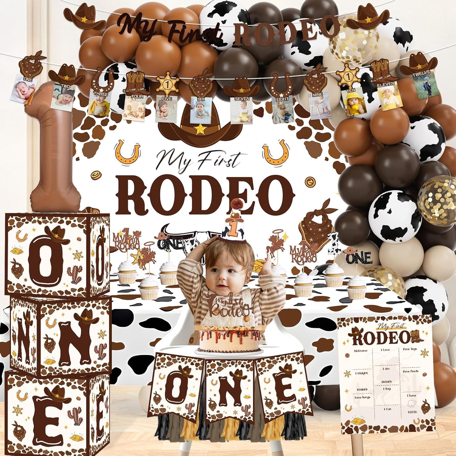 My First Rodeo Decorations Boy, Western Cowboy 1st Birthday Party Decorations, Western Balloon Arch Kit Cowboy Party Supplies Backdrop Photo Banner Tablecloth for 1st Rodeo Birthday Party Decor Boy