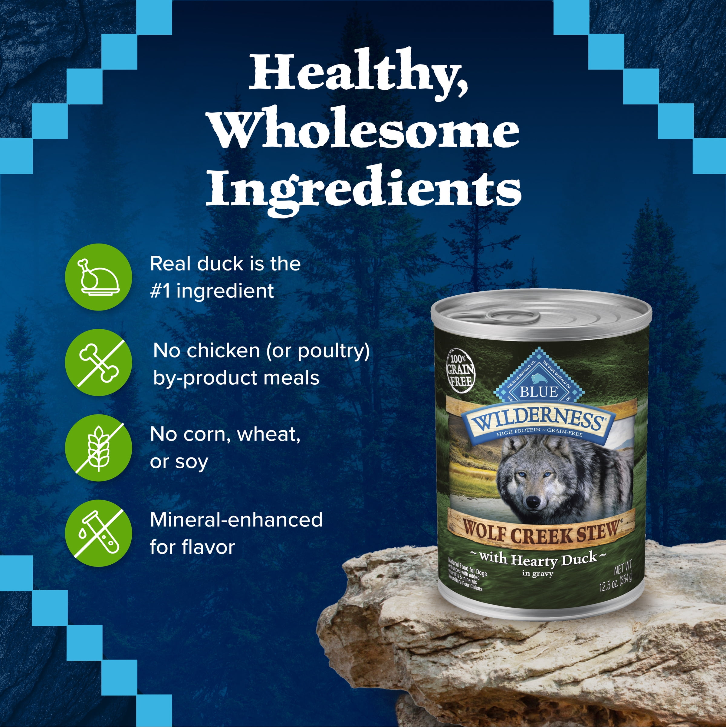 Blue Buffalo Wilderness Wolf Creek Stew High Protein Grain Free, Natural Wet Dog Food, Hearty Duck Stew in gravy 12.5-oz can (pack of 12)