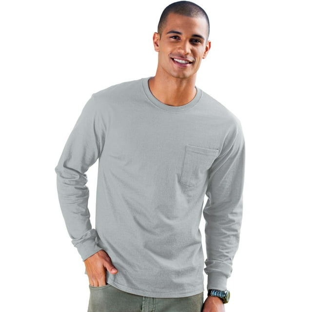 Hanes Mens TAGLESS Long-Sleeve T-Shirt with Pocket, L, Light Steel