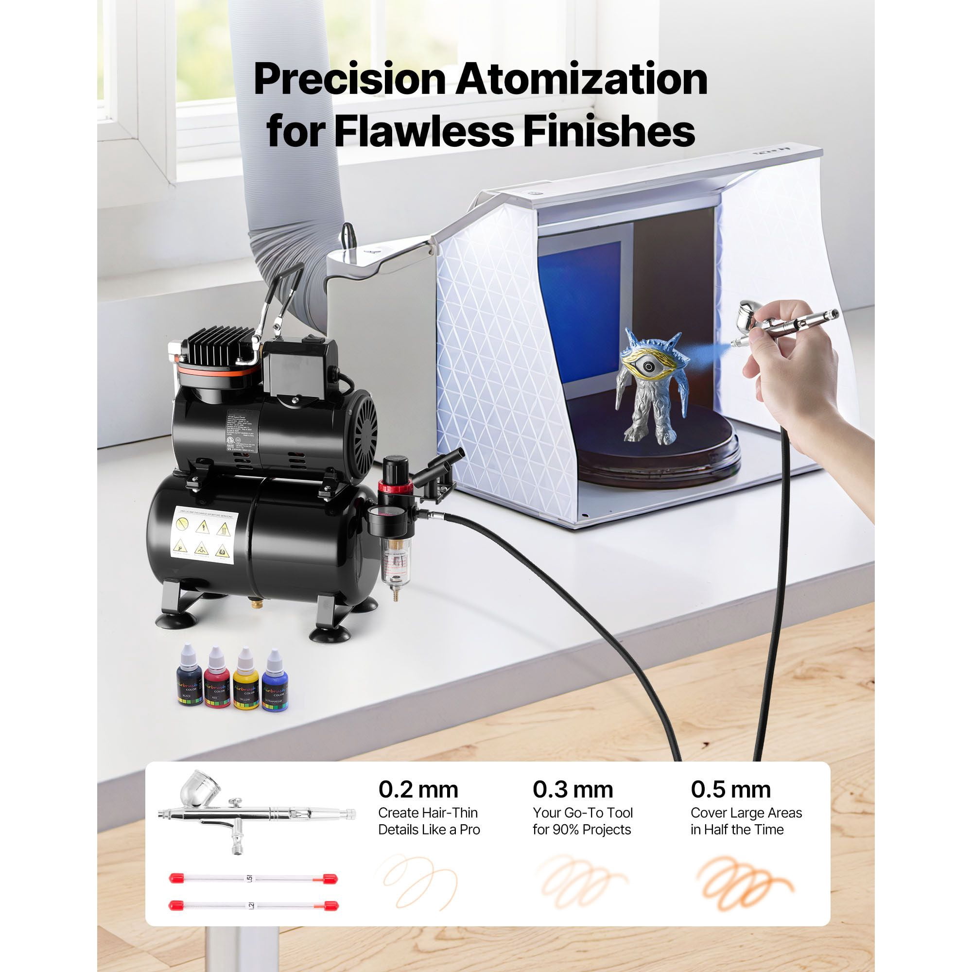 Professional Airbrush Kit with Compressor&Tank, 1/6 HP, Dual-Action Airbrush, 3 Nozzles, Acrylic Paint, Low Noise for Cake Decorating, Model Painting, Nail Art