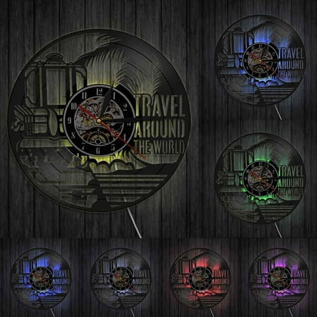 Travel Around The World Vacation Tourism Wall Clock Travel Doodles Vinyl Record Wall Clock Travel Planner Decorative Wall Watch With LED