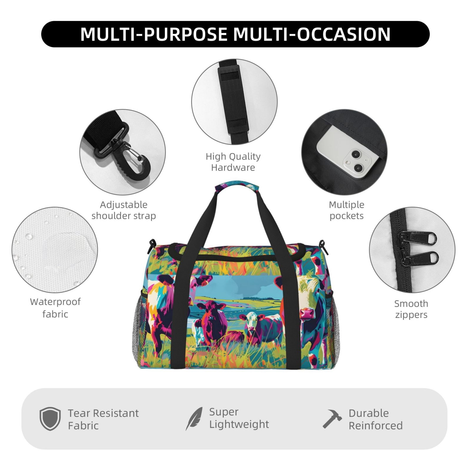Rateoe Pop Art Colorful Cows Pattern Gym Bag for Women, Duffle Bag for Travel with Wet Pocket, Carry on Weekender Bags for Women, Water Resistant Travel Bag Duffel Bag